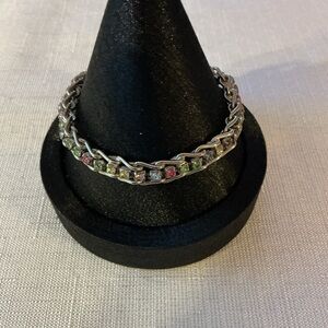 Multi Color Rhinestone Silver Tone Tennis Bracelet